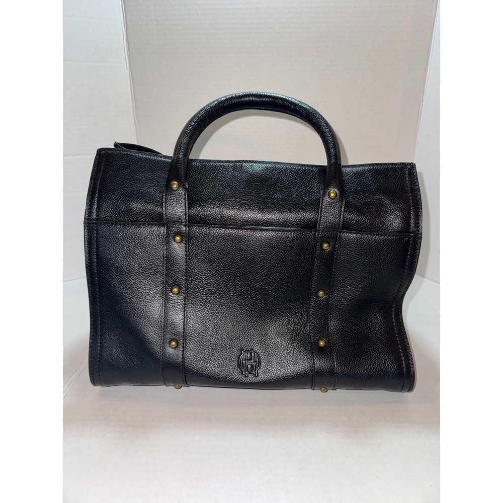 House of Harlow 1960 Black Pebbled Leather Studded Satchel Handbag RN 75343